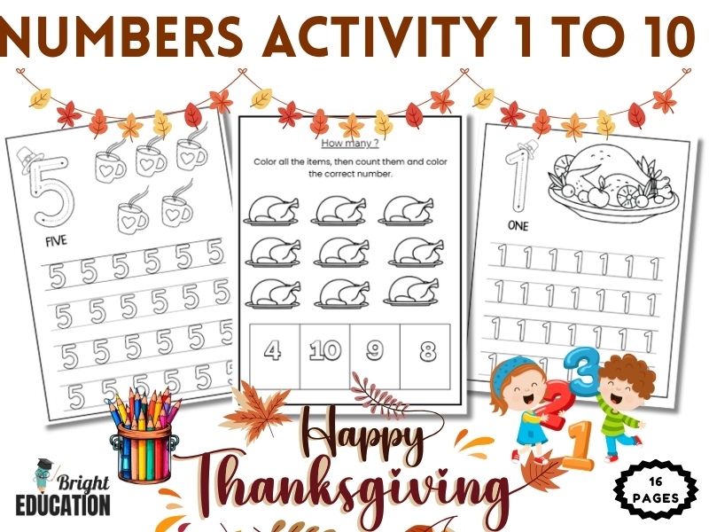 Numbers 1–10 Counting Worksheets | Number Tracing & Thanksgiving Math Activity