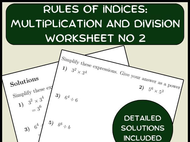Rules of indices: multiplication and division worksheet no 2 (with solutions)