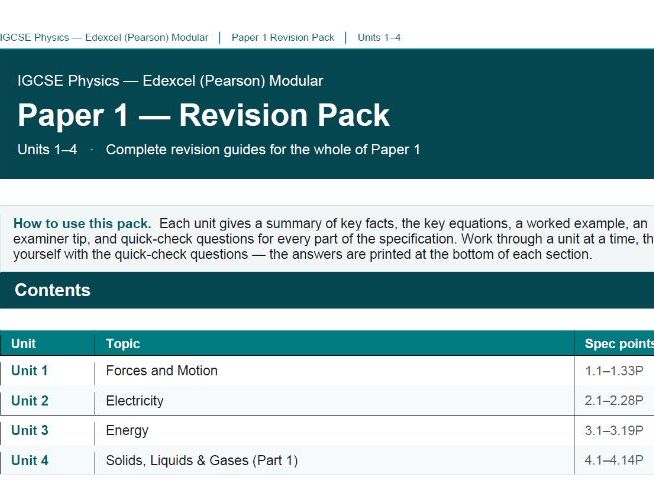 IGCSE Physics Revision Guide | Paper 1 (Units 1–4) | Edexcel Modular | Year 10
