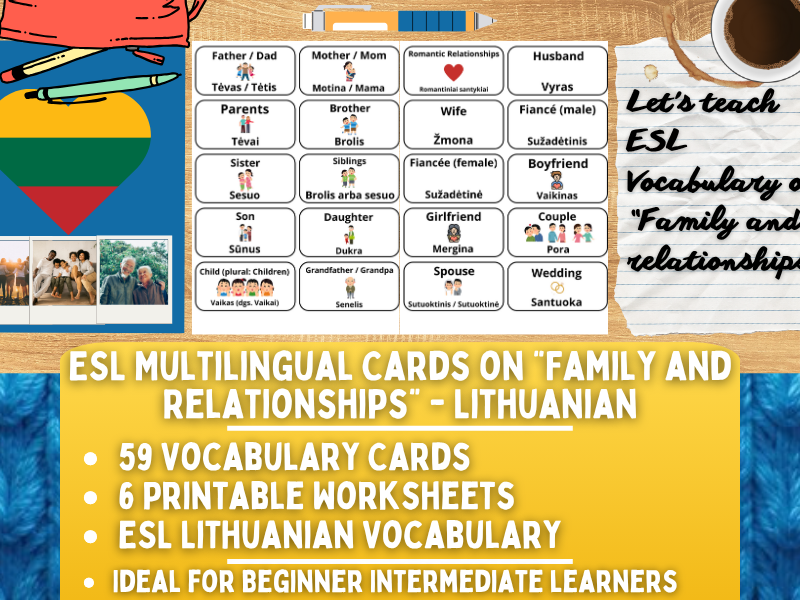 ESL Multilingual Vocabulary Flashcards - Family and Relationships - Lithuanian