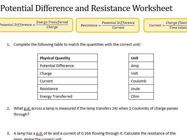 GCSE Electricity: Potential Difference and Resistance Worksheet