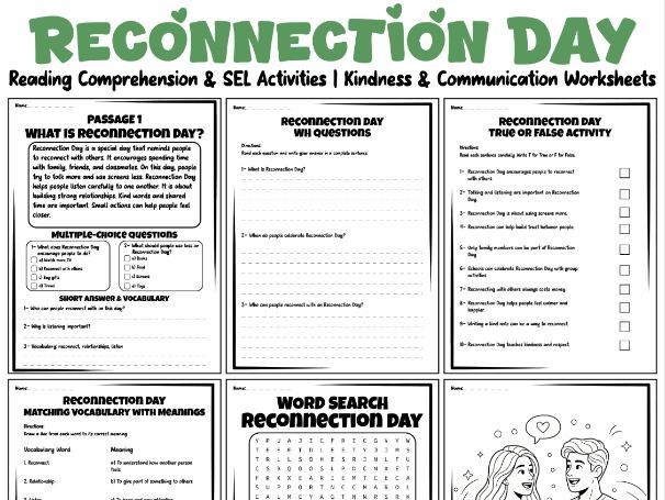 Reconnection Day Reading Comprehension & SEL Activities | Kindness & Communication Worksheets