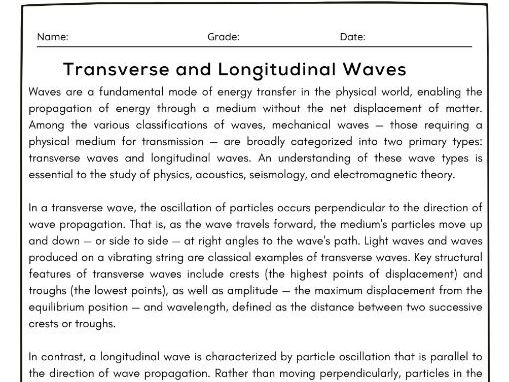 Transverse and Longitudinal Waves Reading Comprehension Passage With Questions