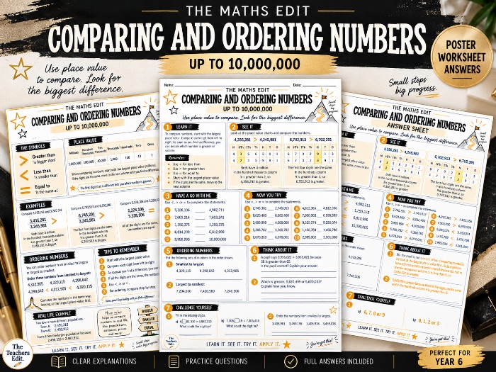 Comparing and Ordering Numbers to 10,000,000 | Year 6 Maths Worksheet, Poster & Answers