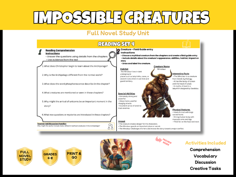 Impossible Creatures Full Novel Study & Reading Comprehension Bundle | KS2 KS3 Years 6-9
