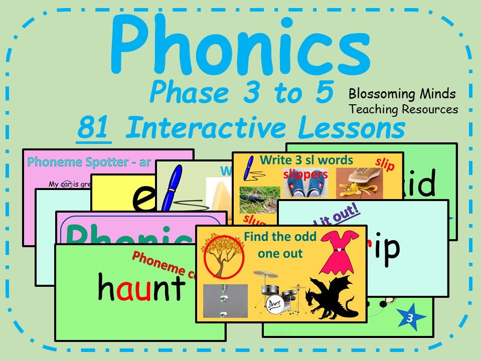 Phonics phases 3 to 5 lesson bundle (81 interactive lessons)