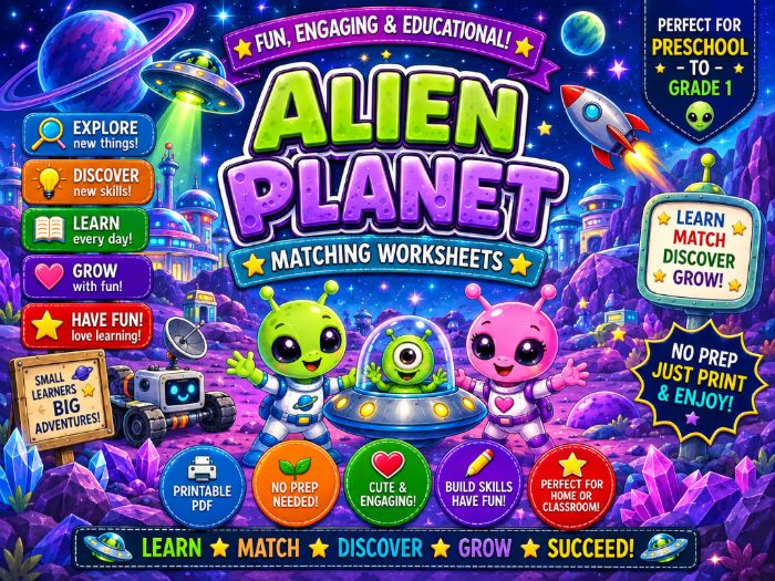 Alien & Space Matching Worksheets | Preschool Kindergarten 1st Grade Activities