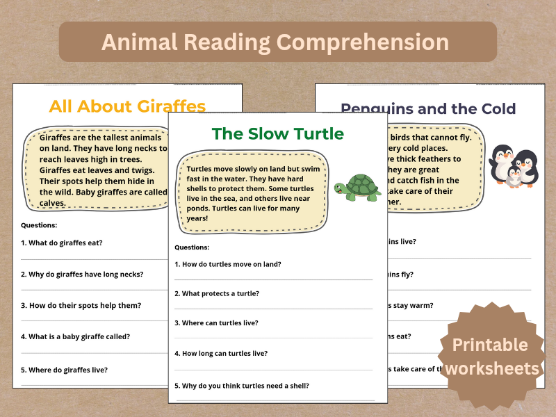 Animal Reading Comprehension | 5 Short Non-Fiction Passages + Open Questions | KS1