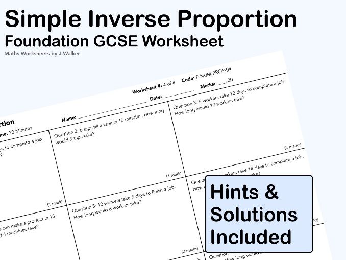 GCSE Maths Worksheet: Simple Inverse Proportion- Foundation Tier