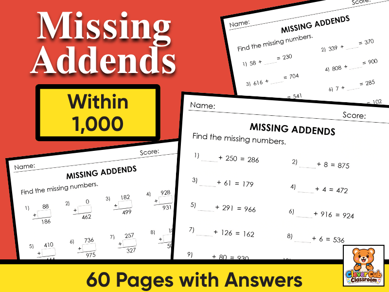 Missing Addends Within 1000 Worksheets | Addition Missing Numbers Practice