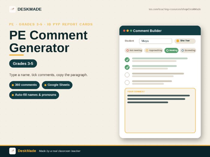 PE Comment Generator | Grades 3-5 | IB PYP Report Cards