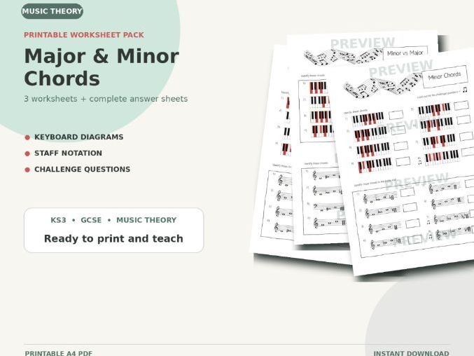 Major Minor Chords Worksheet Pack | Printable Music Theory Activities PDF
