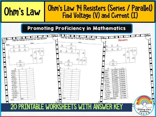 Ohm’s Law – 14 Resistors (Series / Parallel) (Find Voltage (V) and Current (I)) Worksheets | Advance