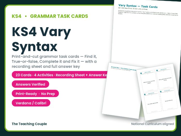 KS4 Vary Syntax Task Cards – 23 Grammar Cards + Answer Key