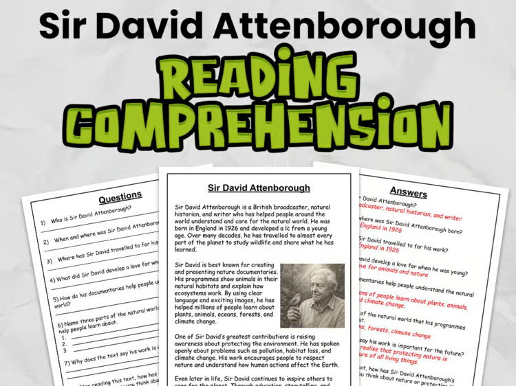 Sir David Attenborough Reading Comprehension for Gr 3 - 5 | Guided Reading Task
