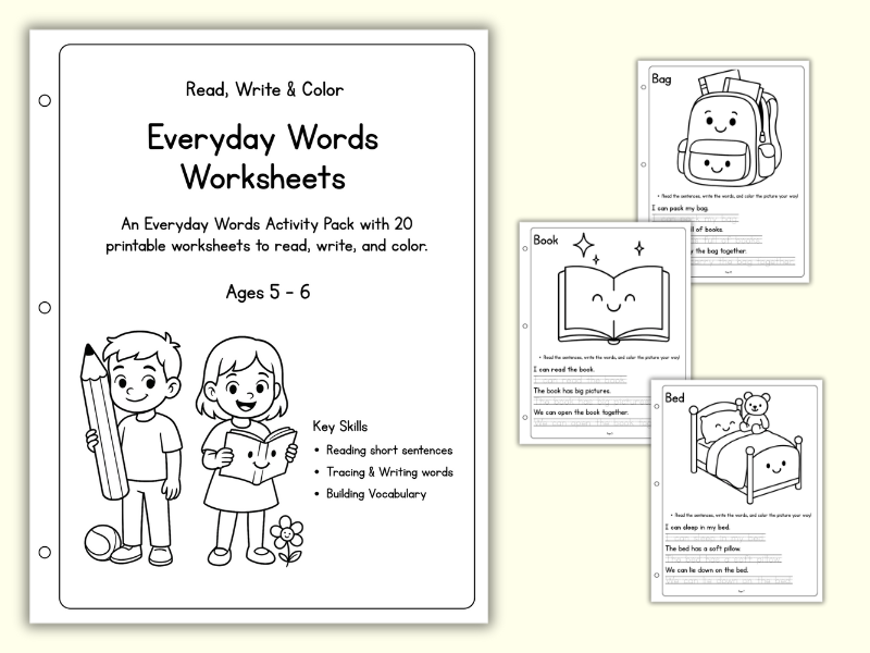 Everyday Words Worksheets – Read, Write & Color (Ages 5–6)