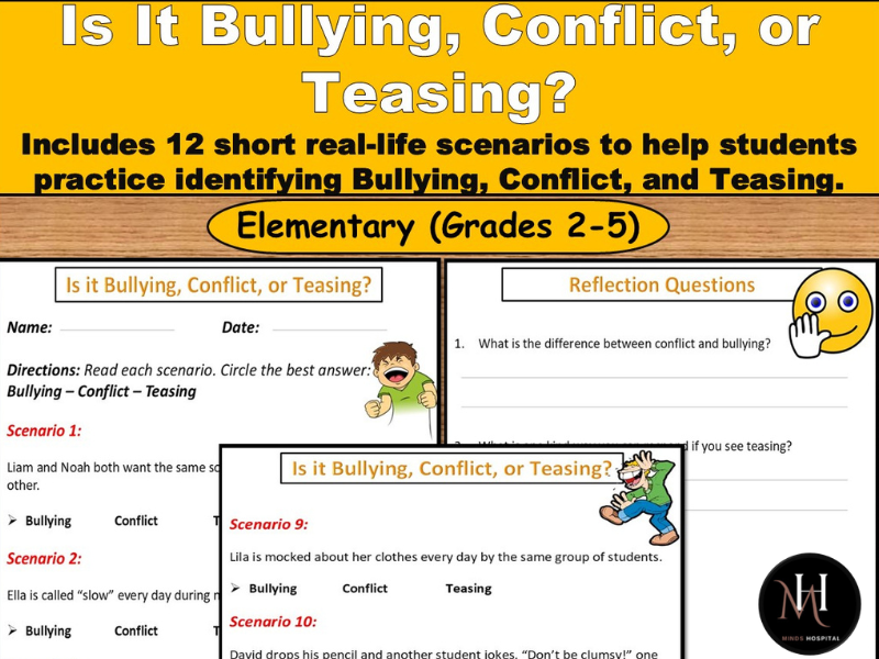 Is It Bullying, Conflict, or Teasing?|Elementary SEL Worksheet with 12 Scenarios