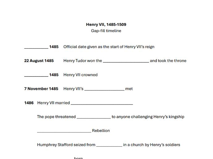 Gap-fill timeline - Henry VII 1485-1509 (OCR A-level history Unit Y106)