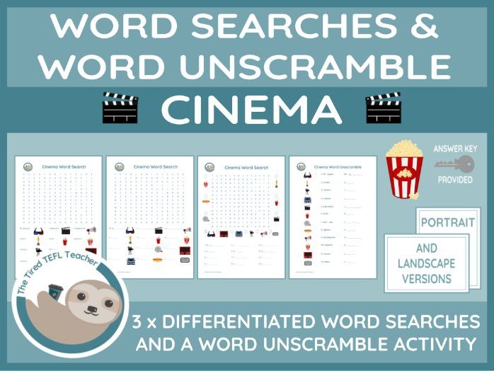 ESL Cinema Differentiated Word Searches and Word Unscramble