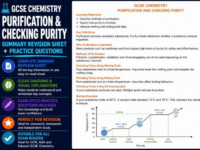 GCSE Chemistry checking purity detailed summary sheet and questions