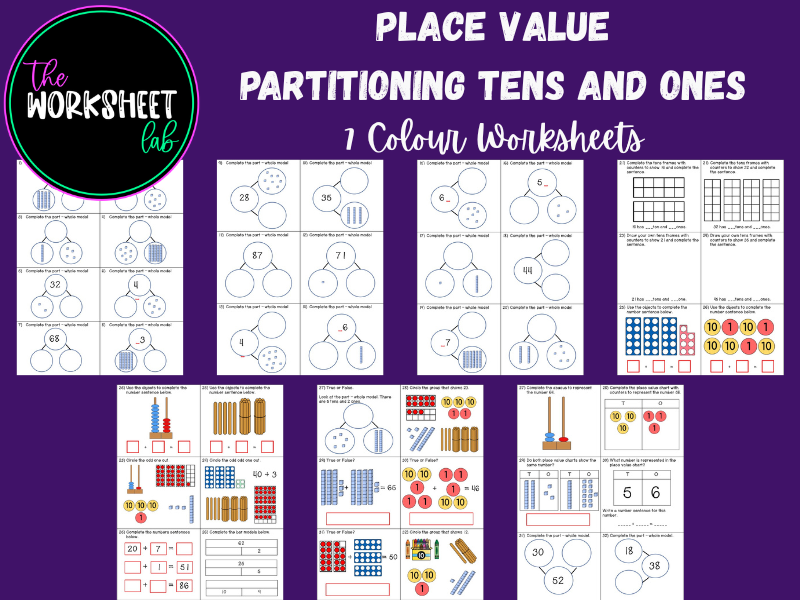 Place Value - Partitioning Tens and Ones Worksheets in Colour