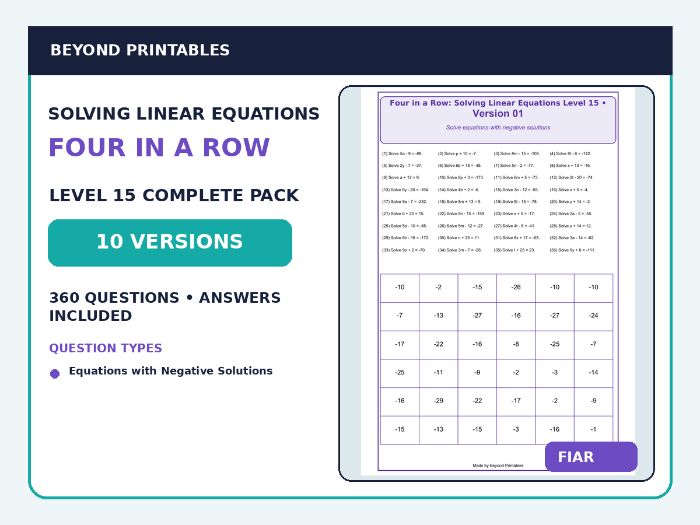 Solving Linear Equations Four in a Row | 3x + 8 = -7 : Level 15 | 10-Version Maths Pack