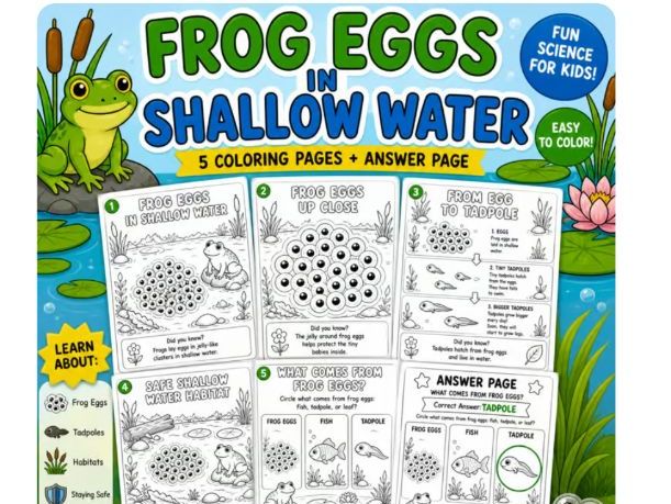 Frog Eggs in Shallow Water Coloring Pages | Frog Life Cycle Science Activities