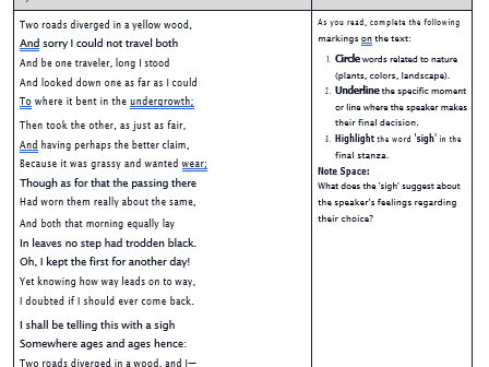 Road Not Taken Worksheets
