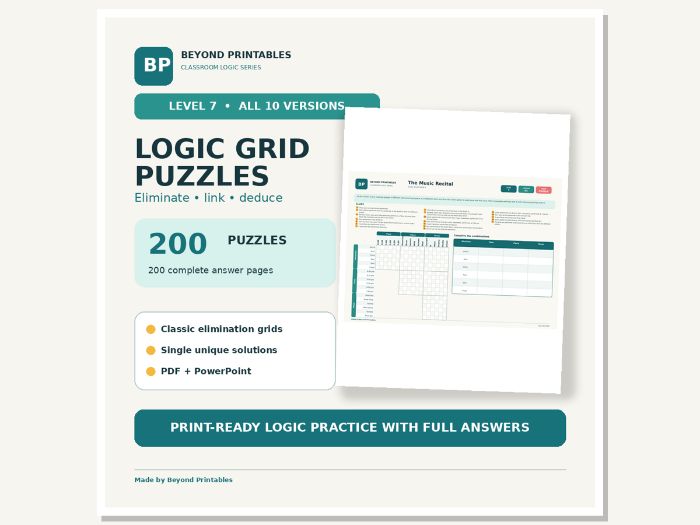 Logic Grid Puzzles Level 7: Six-Way Logic | Complete 200-Puzzle Pack