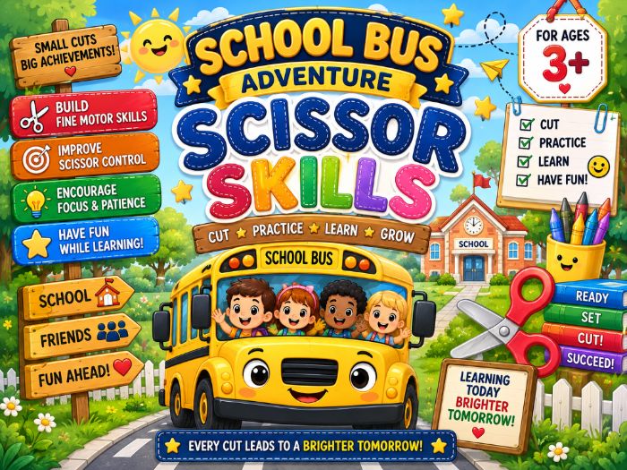 School Bus Scissor Skills Worksheets | Cutting Practice & Fine Motor | Preschool–1st Grade
