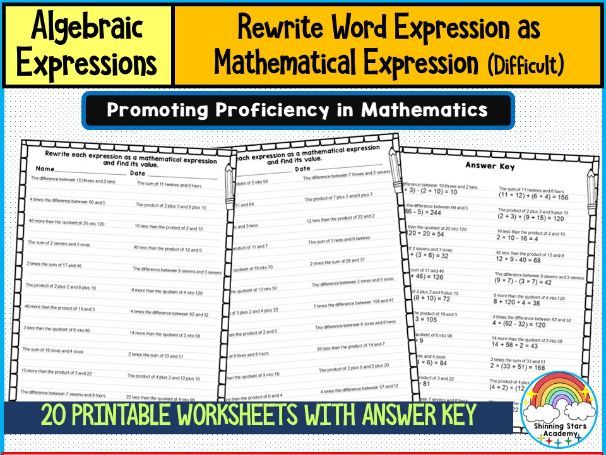Rewrite Each Word Expression as Mathematical Expression (Difficult Level) Worksheets | Advanced Alge