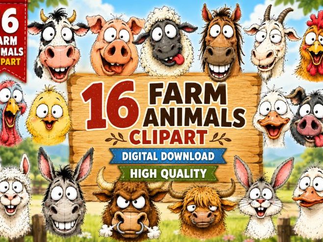 Farm Animal Faces Clipart Bundle (16 Designs) – Cute Cartoon Animals PNG | Digital Download, High Qu