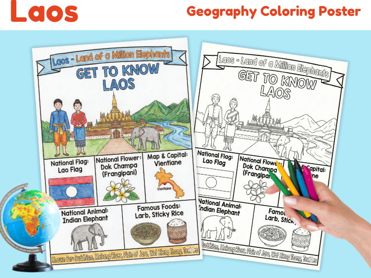 Laos Geography Coloring Poster | Country Facts & Coloring Activity