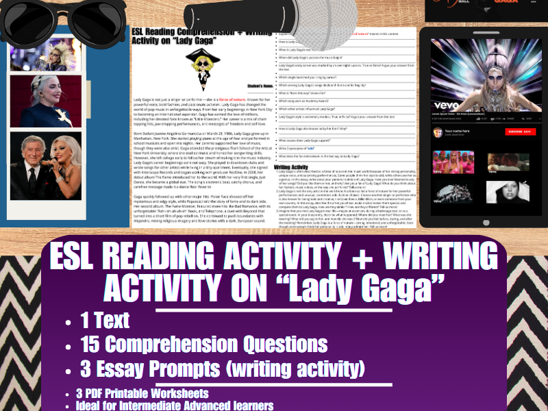 ESL Reading Comprehension + Writing Activity Worksheets on "Lady Gaga"