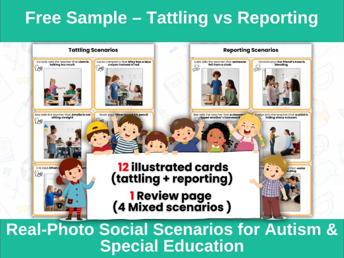 Free Tattling vs Reporting Social Skills Scenarios | Autism & Special Education