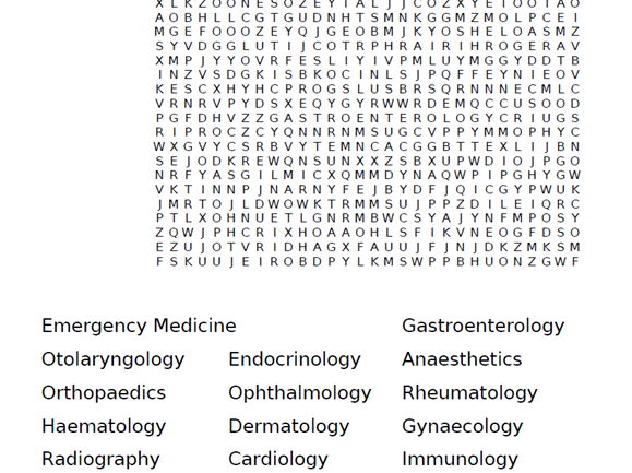 Doctors Specialties - Wordsearch (hard!)