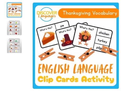 Thanksgiving Vocabulary Clip Card Activity for English Language Learners