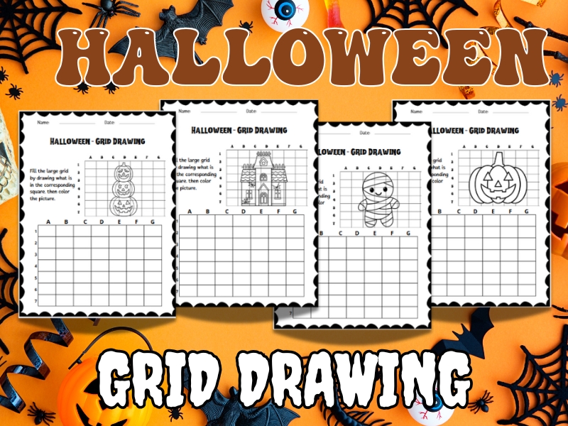 Fall Halloween Grid Drawing Coloring Sheet