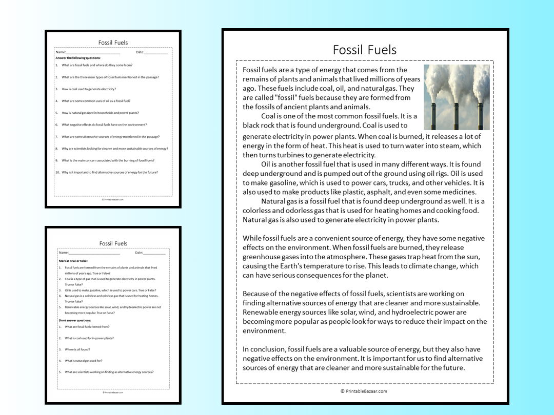 Fossil Fuels Reading Comprehension Passage Printable Worksheet ...