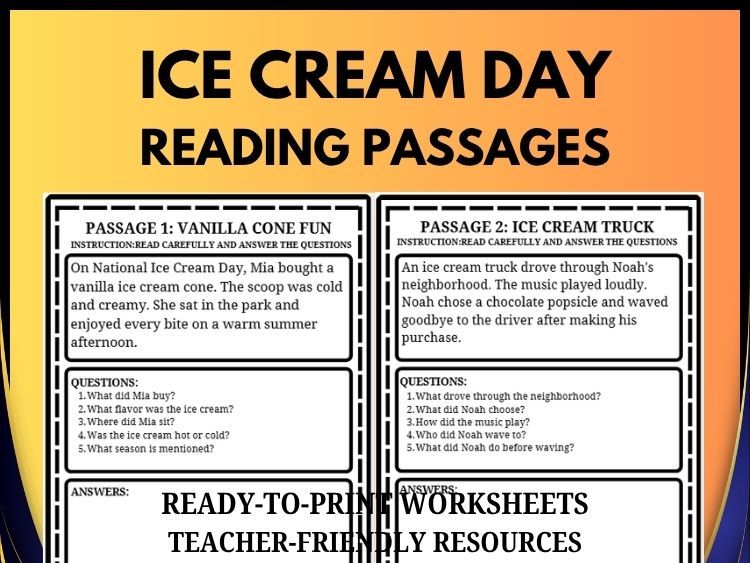 National Ice Cream Day Reading Comprehension | 20 Passages, 100 Questions & Answer Key