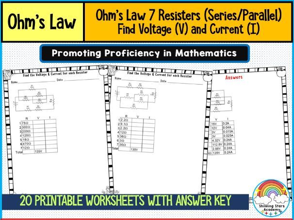Ohm’s Law – 7 Resistors (Series/Parallel) (Find Voltage (V) and Current (I)) Worksheets | Advanced E