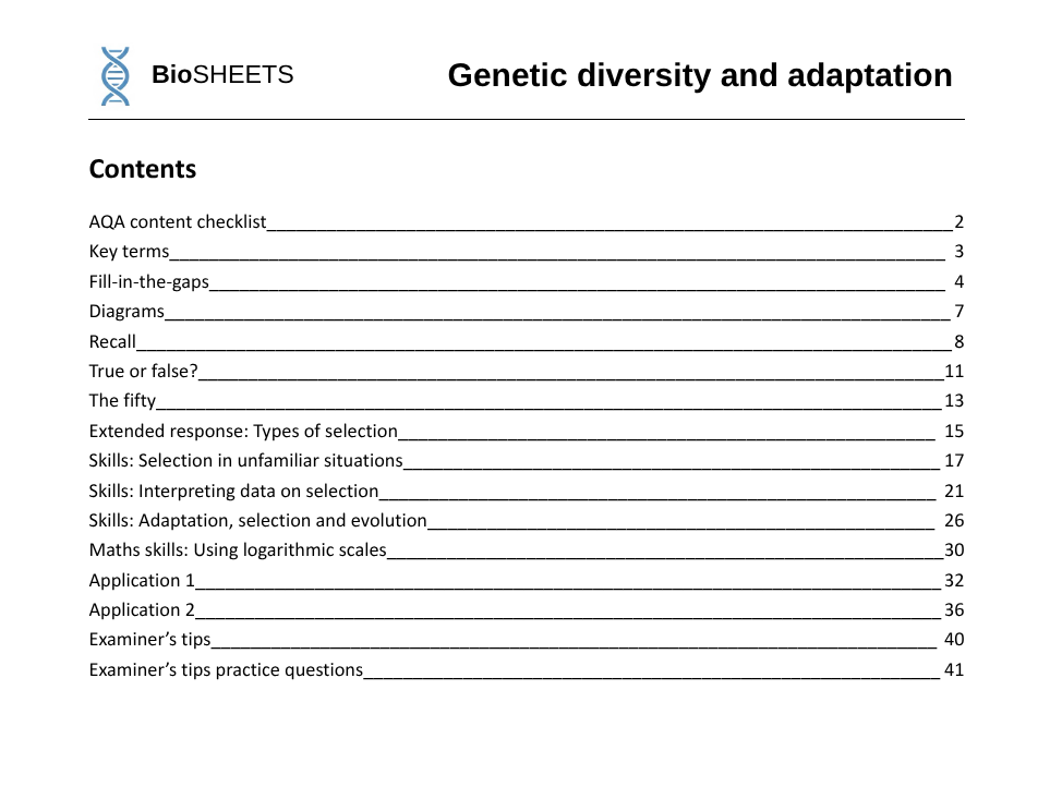 AQA A-Level Biology: 4.4 Genetic diversity and adaptation – BioSHEETS Complete Study & Practice Pack