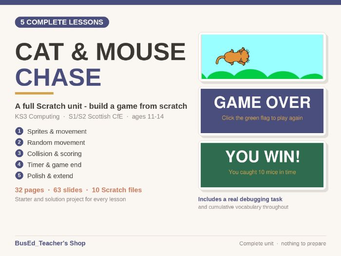 Scratch Programming Unit — Cat & Mouse Chase (5 Complete Lessons)