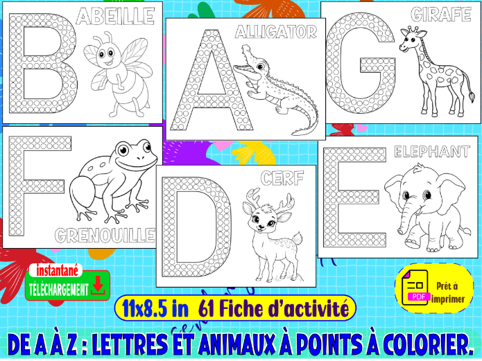 De A à Z : Lettres et Animaux à Points à Colorier.