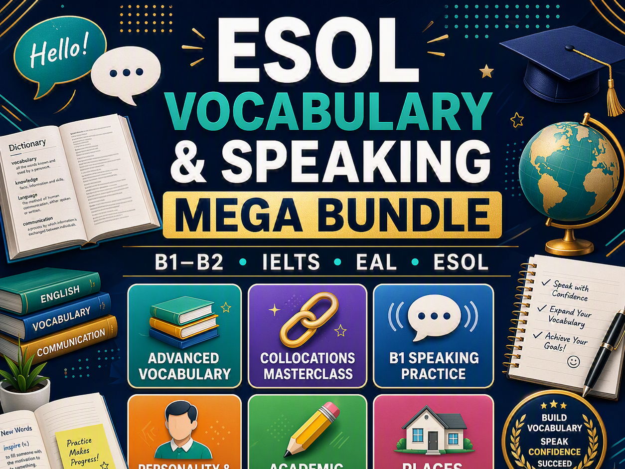 ESOL Vocabulary & Speaking Mega Bundle 2026 – 2027 B1–B2 IELTS & EAL Lessons, Worksheets & Exam Practice (Printable)