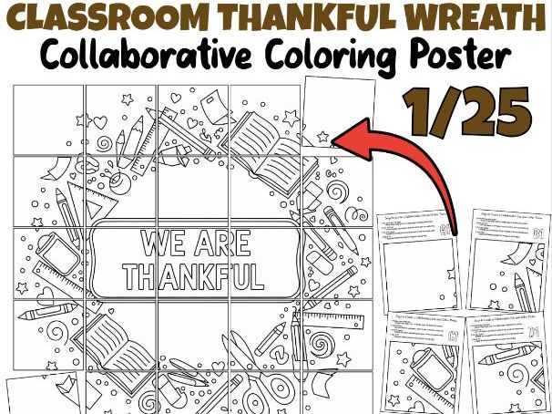 Classroom Thankful Wreath Collaborative Coloring Poster |Fall Gratitude Activity