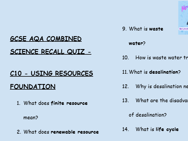 GCSE Chemistry C10 Using Resources – 30 Foundation Retrieval Questions | AQA | Low-Stakes Quiz + Ans