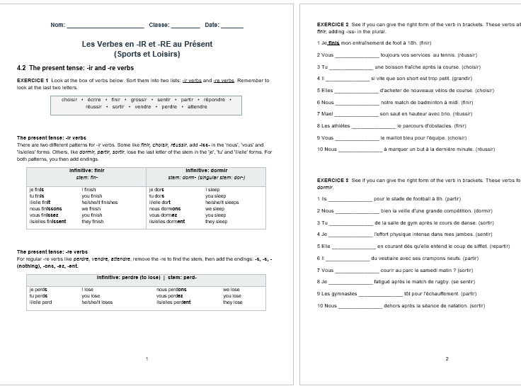 french_present_tense_ IR and RE Verbs_worksheet