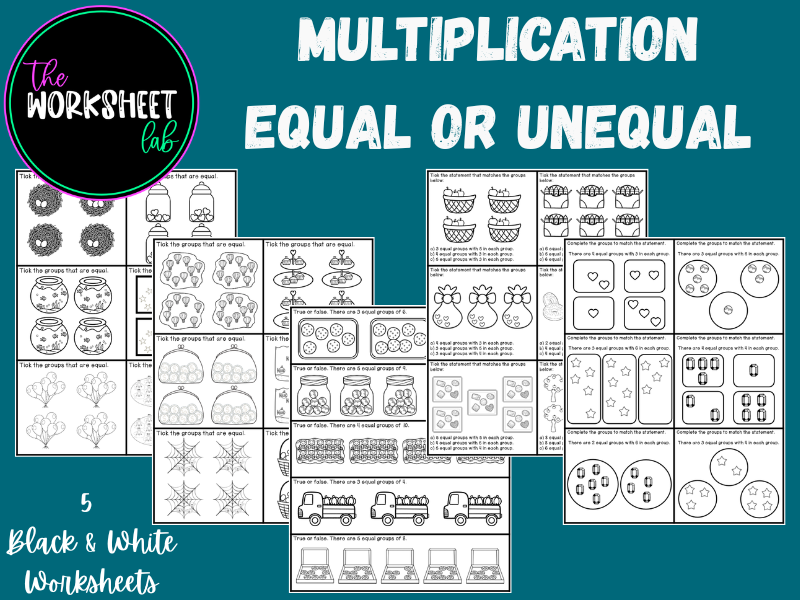 Multiplication - Equal and Unequal Groups Worksheets in Black and White
