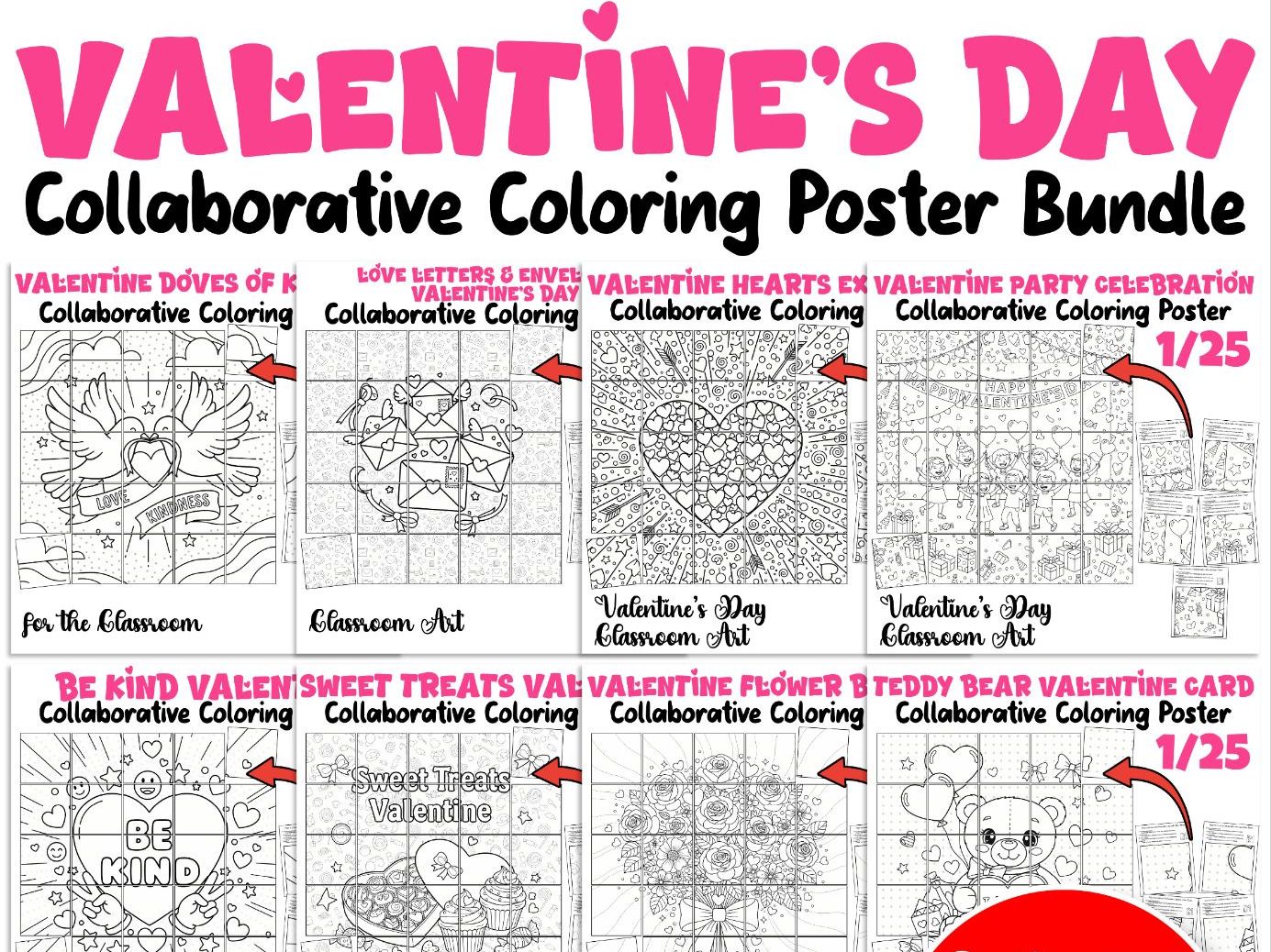 Valentine’s Day Collaborative Coloring Posters Bundle | Classroom Art & Kindness Activities